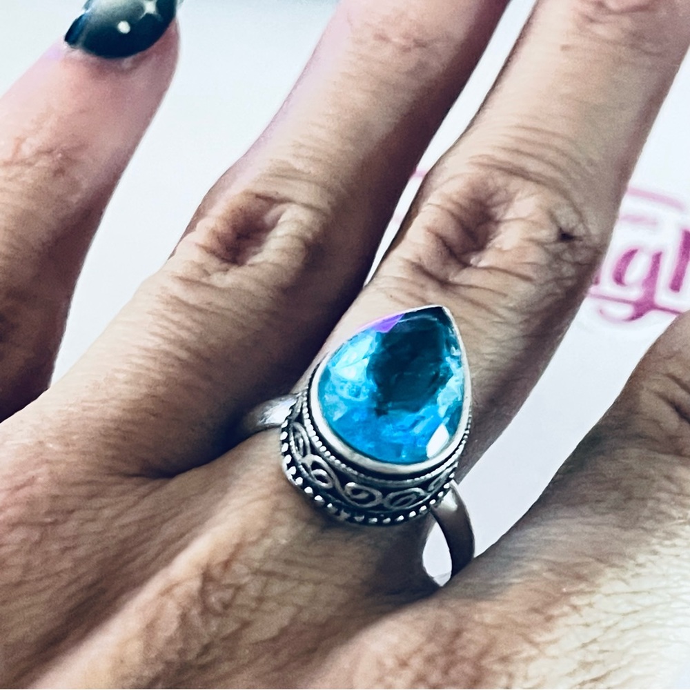 New 925 Sterling Silver London Blue Aquamarine Artisten OOAK Water Drop Ring - Picture 11 of 16